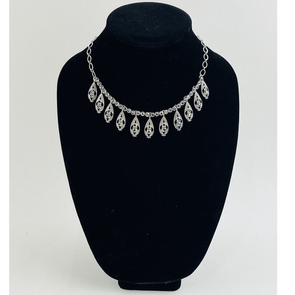 Liz Claiborne Bib Necklace Smokey Gray Rhinestones Silver Tone Dangles Gunmetal